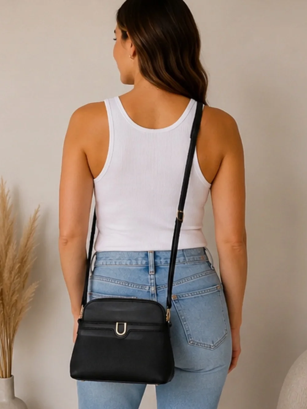 Black Crossbody Bag Faux Leather Shoulder Purse Gold Hardware